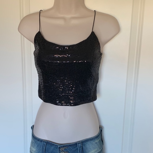 NWT Black Shiny Low Cut Busty Crop Metallic Hologram Festival Tank Top - Picture 7 of 12